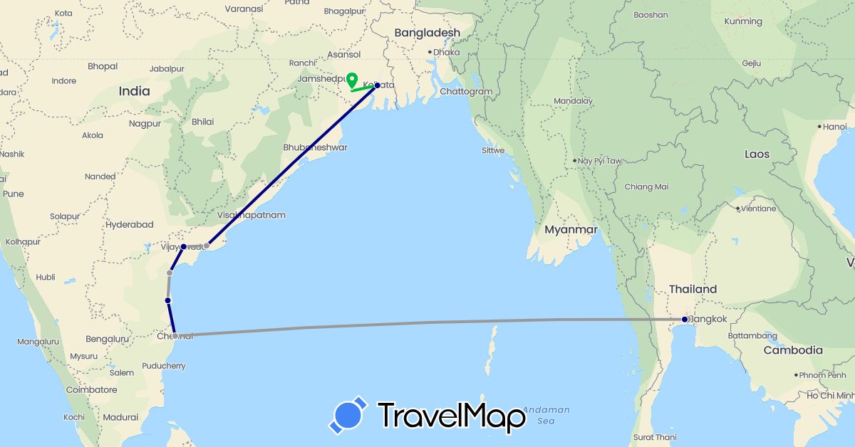 TravelMap itinerary: driving, bus, plane in India, Thailand (Asia)
