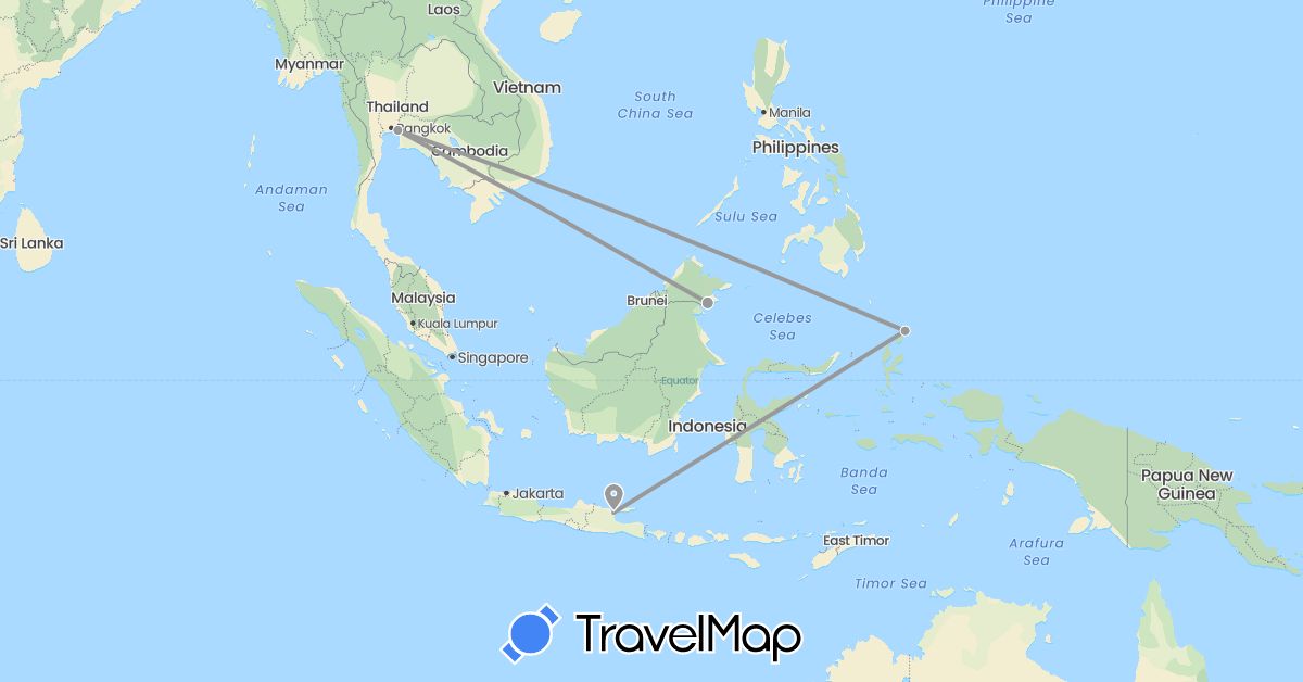 TravelMap itinerary: driving, plane in India, Malaysia, Thailand (Asia)